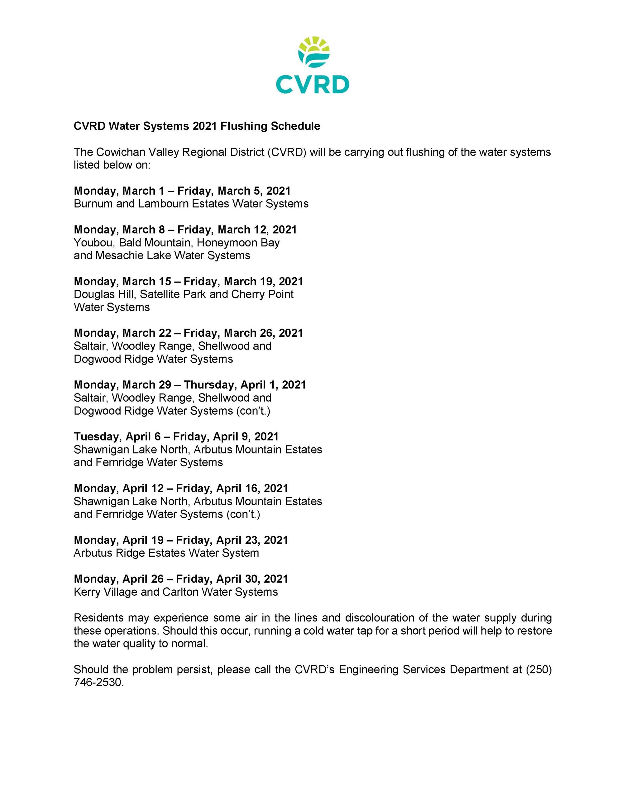 CVRD 2021 Flushing Schedule