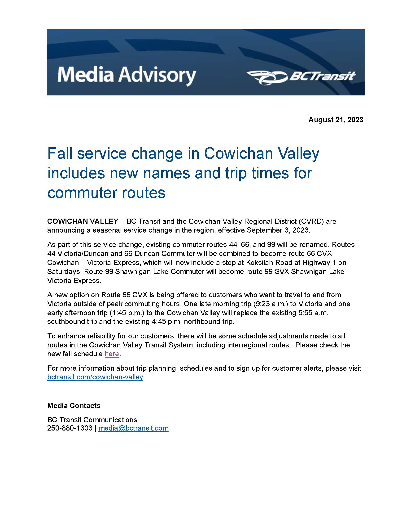 Fall Service Changes 2023